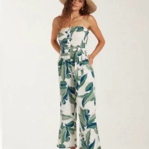 Billabong Green and Blue Leaf Print Strapless Jumpsuit